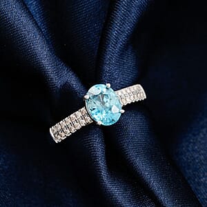 Certified & Appraised Luxoro AAA Cambodian Blue Zircon and G-H I2 Diamond 2.10 ctw Ring in 14K White Gold (Size 5.0)