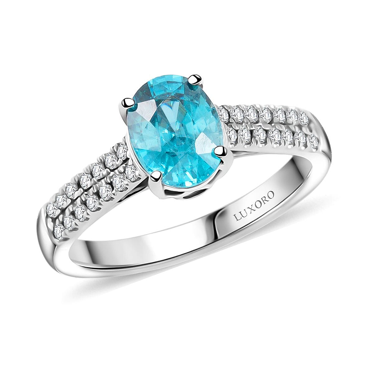 Certified & Appraised Luxoro AAA Cambodian Blue Zircon and G-H I2 Diamond 2.10 ctw Ring in 14K White Gold (Size 7.0) image number 0