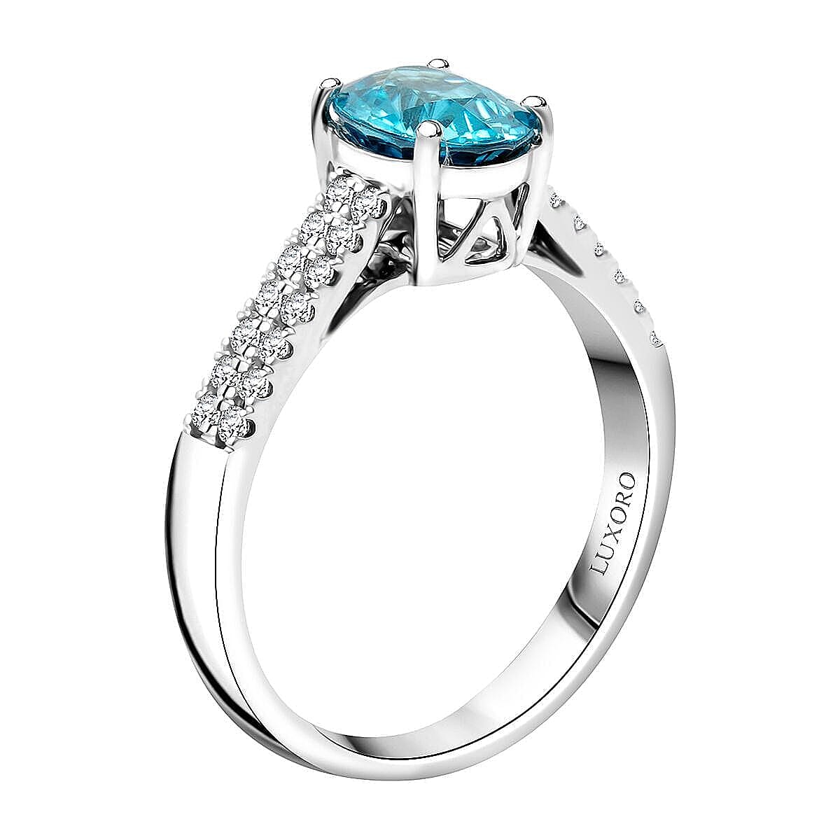 Certified Luxoro AAA Cambodian Blue Zircon, Diamond Ring in 14K White Gold 2.10 ctw (Size 7.5) image number 3