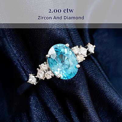 Certified & Appraised Luxoro AAA Cambodian Blue Zircon and G-H I2 Diamond 2.00 ctw Ring in 14K White Gold (Size 11.0)