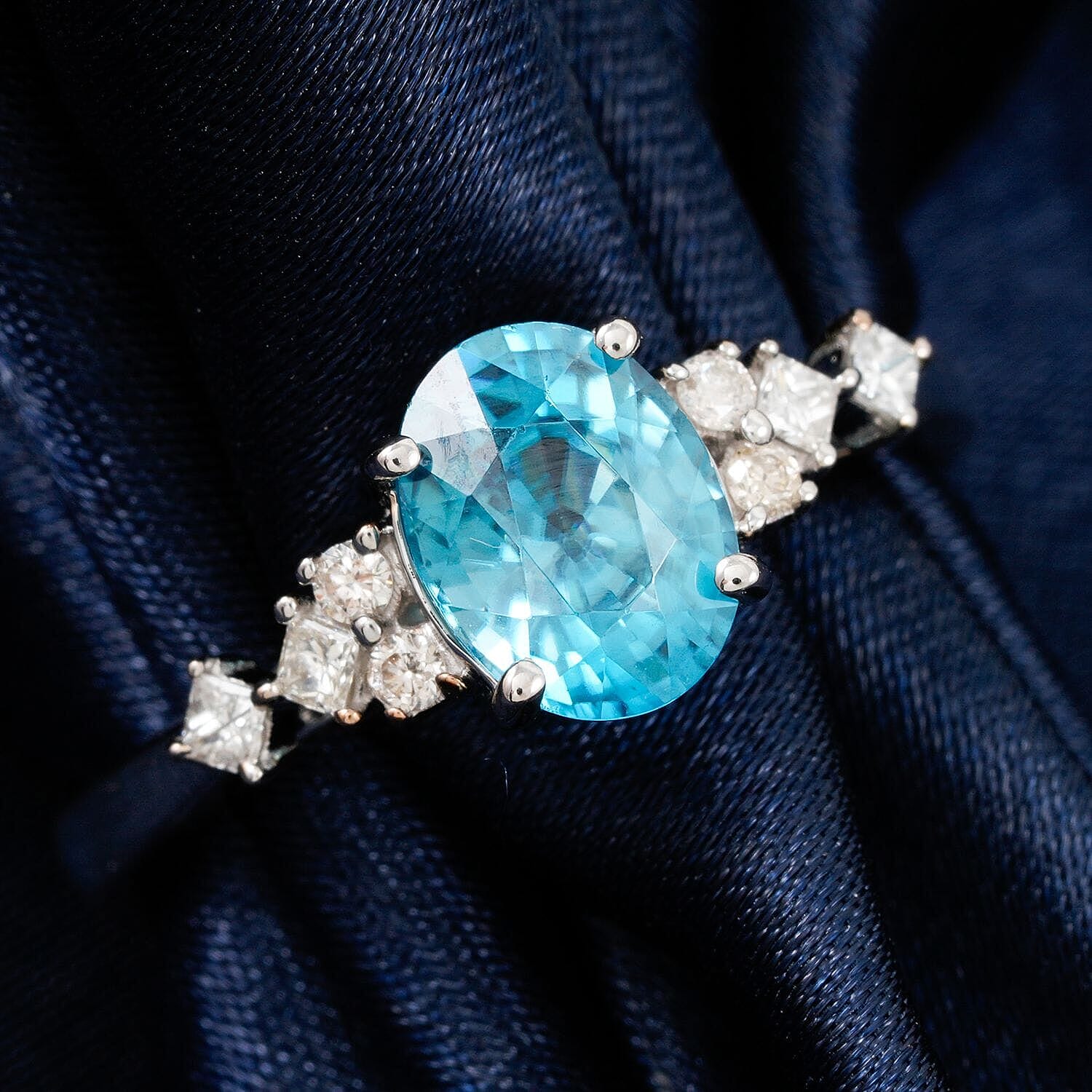 Certified & Appraised Luxoro AAA Cambodian Blue Zircon and G-H I2 Diamond 2.00 ctw Ring in 14K White Gold (Size 5.0)