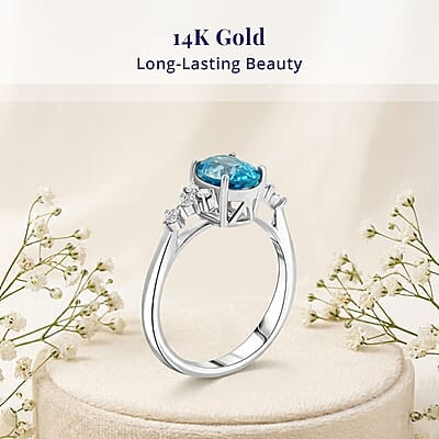 Certified & Appraised Luxoro AAA Cambodian Blue Zircon and G-H I2 Diamond 2.00 ctw Ring in 14K White Gold (Size 6.0)