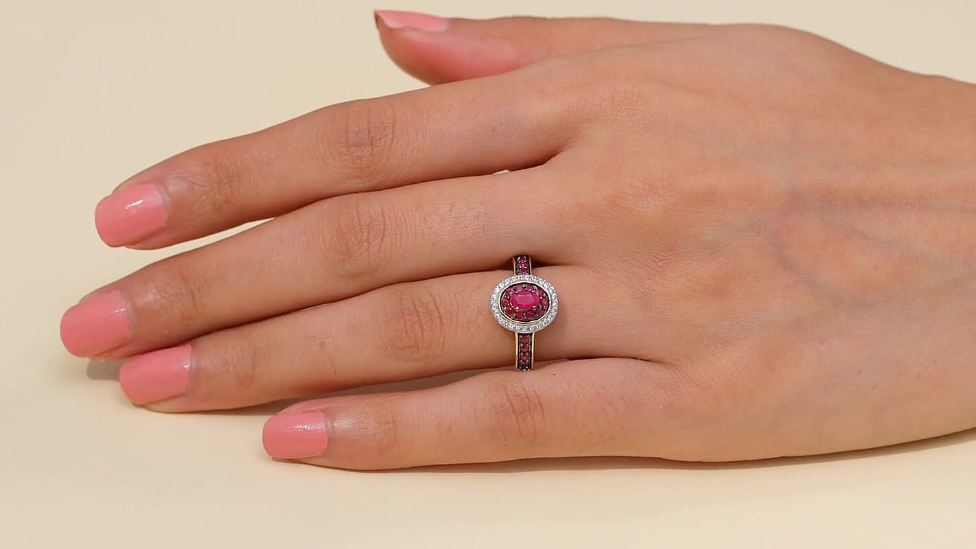 D'Joy Montepuez Ruby and White Zircon 1.10 ctw Queen’s Whisper Ring in 18K Vermeil Yellow Gold Over Sterling Silver