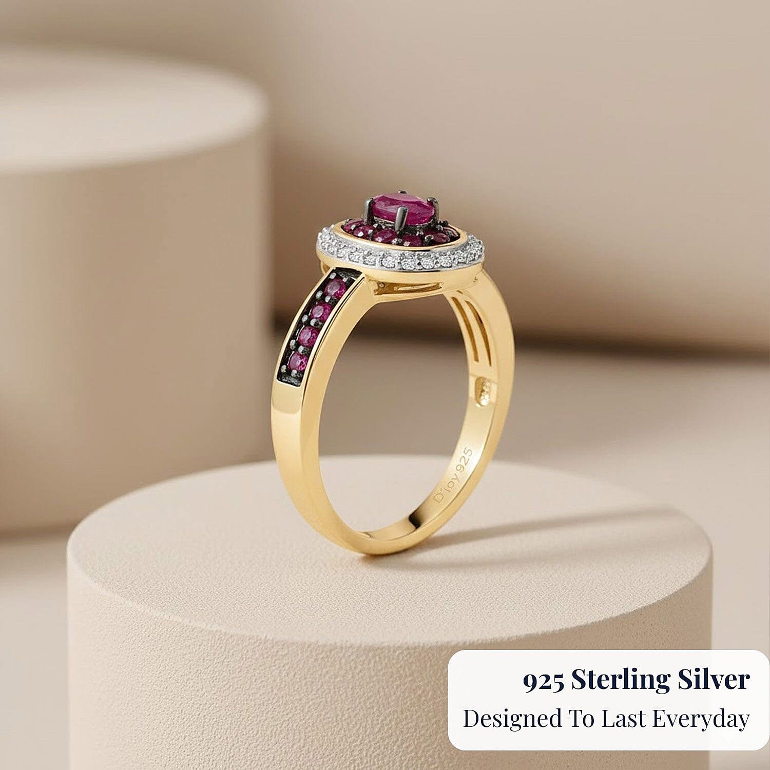 D'Joy Montepuez  Ruby and White Zircon 1.10 ctw Queen’s Whisper Ring in 18K Vermeil Yellow Gold Over Sterling Silver (Size 7.0)