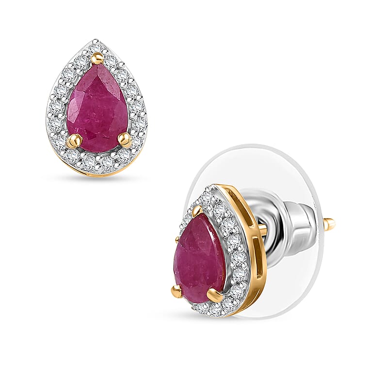 D'Joy Premium Montepuez Ruby and White Zircon 1.35 ctw Throne Petals Stud Earrings in 18K Vermeil Yellow Gold Over Sterling Silver