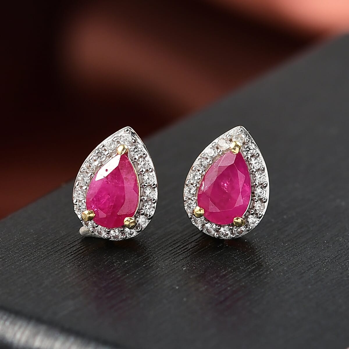 D’Joy Premium Mozambique Ruby and White Zircon 1.35 ctw Throne Petals Stud Earrings in 18K Vermeil Yellow Gold Over Sterling Silver image number 1