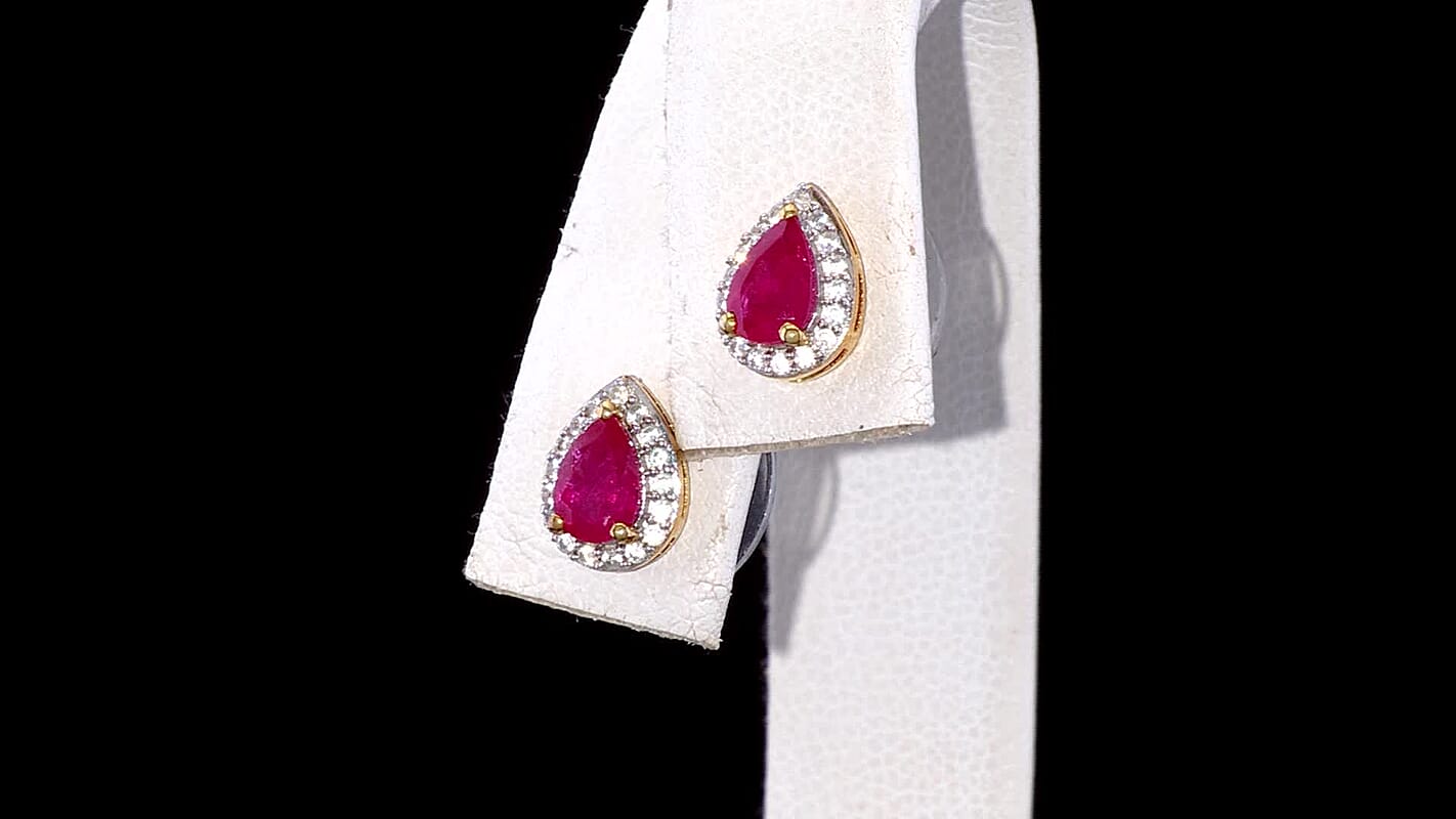 D'Joy Premium Montepuez Ruby and White Zircon 1.35 ctw Throne Petals Stud Earrings in 18K Vermeil Yellow Gold Over Sterling Silver
