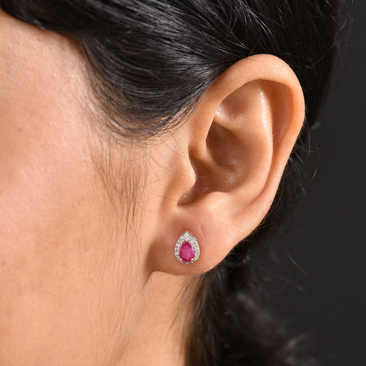D’Joy Premium Mozambique Ruby and White Zircon 1.35 ctw Throne Petals Stud Earrings in 18K Vermeil Yellow Gold Over Sterling Silver image number 2