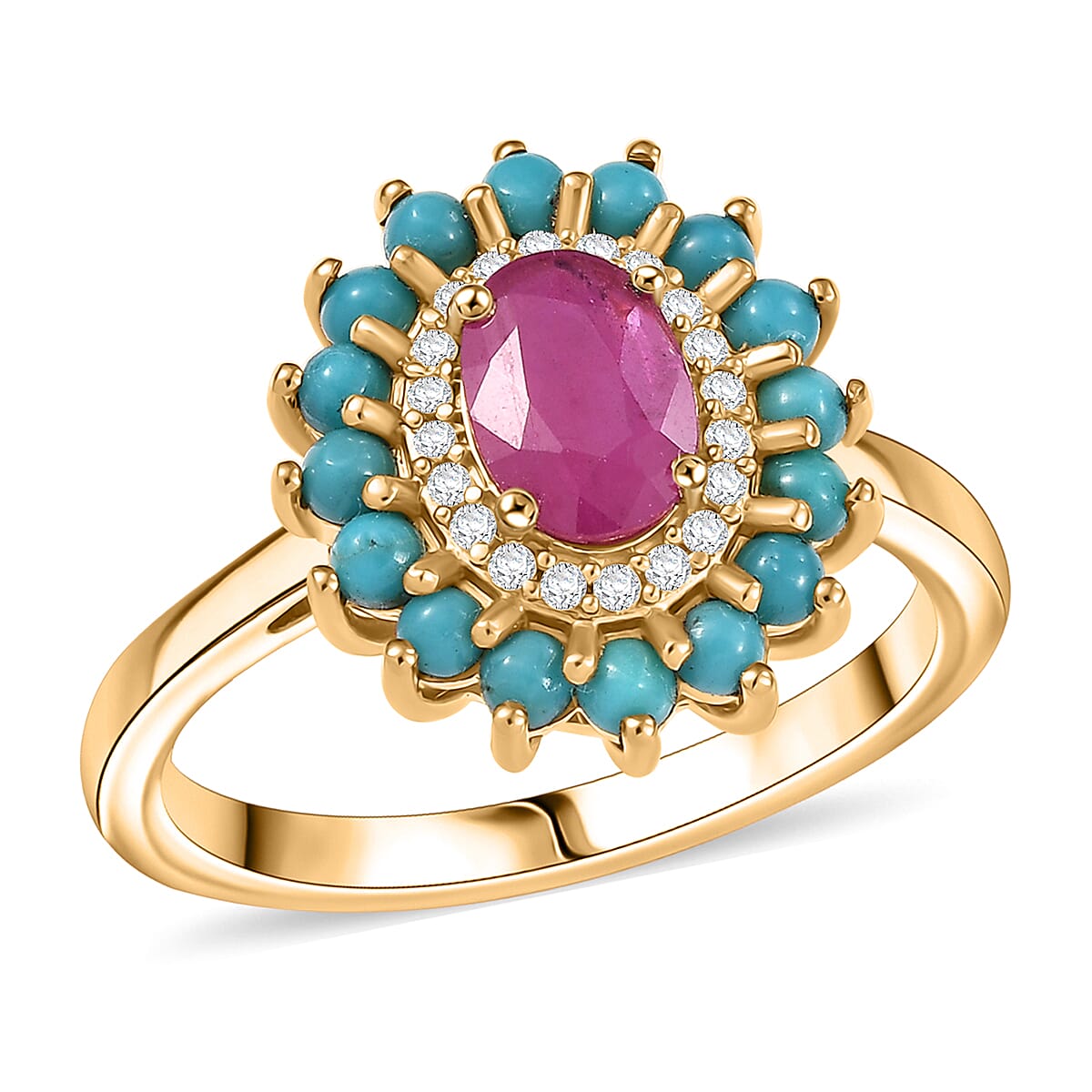 D'Joy Ruby, Multi Gemstone Bloom Ring in 18K Vermeil YG Over Sterling Silver 1.80 ctw (Size 10.0)