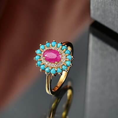 D'Joy Ruby, Multi Gemstone Bloom Ring in 18K Vermeil YG Over Sterling Silver 1.80 ctw (Size 10.0)