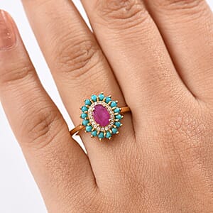 D'Joy Ruby, Multi Gemstone Bloom Ring in 18K Vermeil YG Over Sterling Silver 1.80 ctw (Size 10.0)