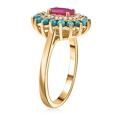 D'Joy Ruby, Multi Gemstone Bloom Ring in 18K Vermeil YG Over Sterling Silver 1.80 ctw (Size 10.0)