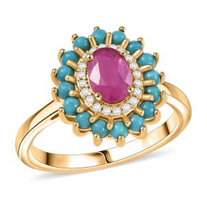 D’Joy Premium Mozambique Ruby and Multi Gemstone 1.80 ctw Royal Bloom Ring in 18K Vermeil Yellow Gold Over Sterling Silver (Size 7.0) 