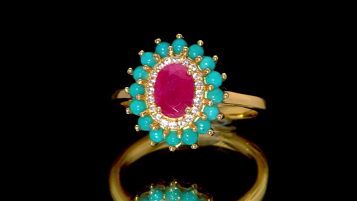 D'Joy Premium Montepuez Ruby and Multi Gemstone 1.80 ctw Royal Bloom Ring in 18K Vermeil Yellow Gold Over Sterling Silver