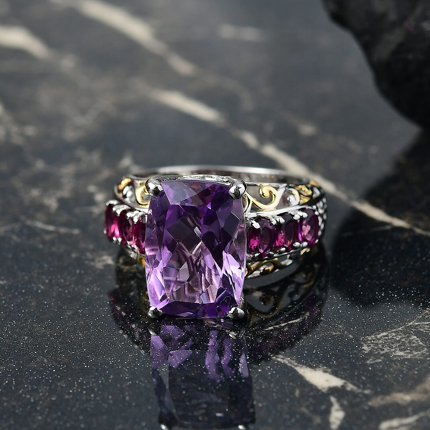 EverTrue Rose De France Amethyst abd Orissa Rhodolite Garnet 8.60 ctw Ring 18K YG Plated and Platinum Bond (Size 10.0)