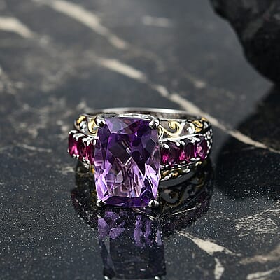 EverTrue Rose De France Amethyst abd Orissa Rhodolite Garnet 8.60 ctw Ring 18K YG Plated and Platinum Bond (Size 10.0)