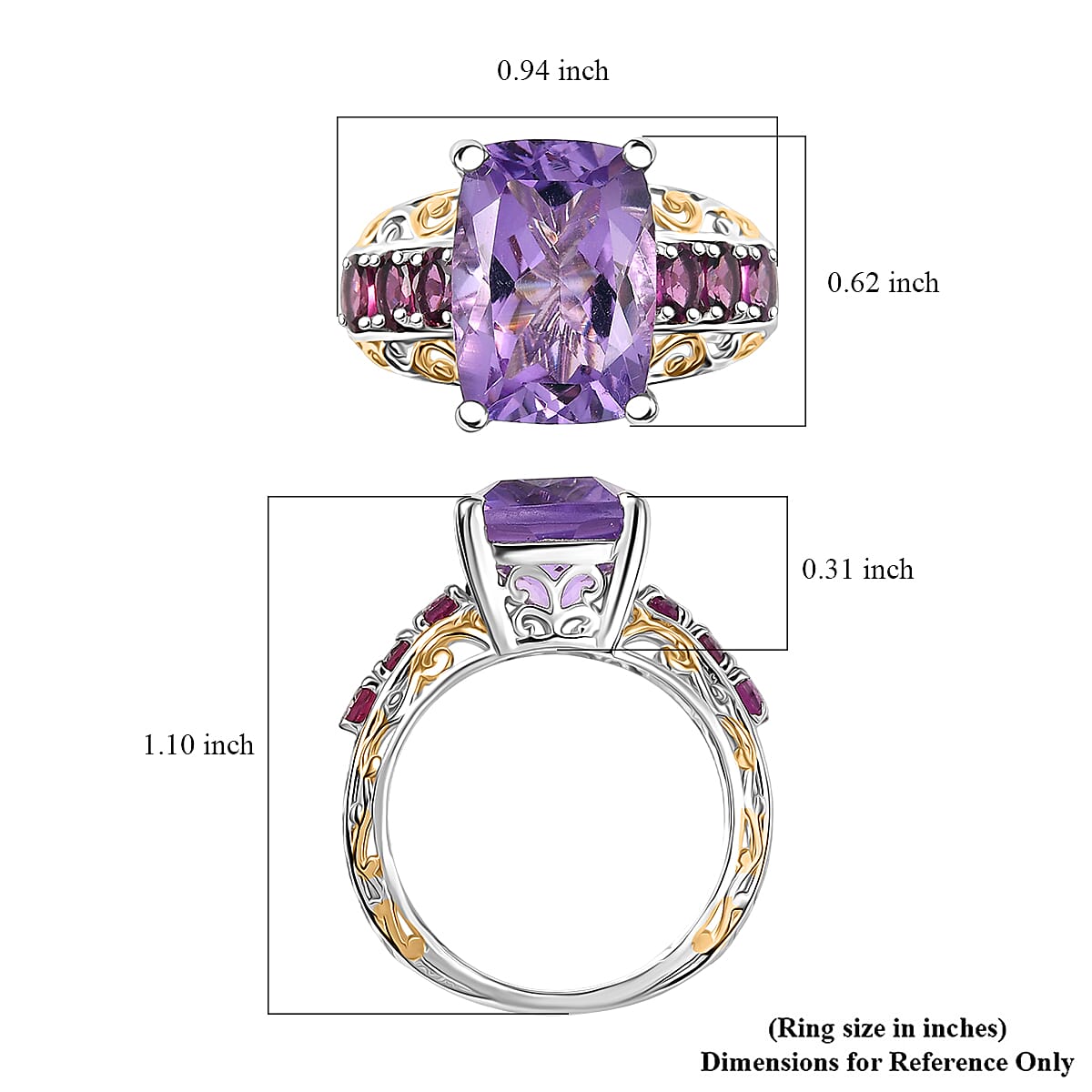 EverTrue Rose De France Amethyst abd Orissa Rhodolite Garnet 8.60 ctw Ring 18K YG Plated and Platinum Bond (Size 10.0)