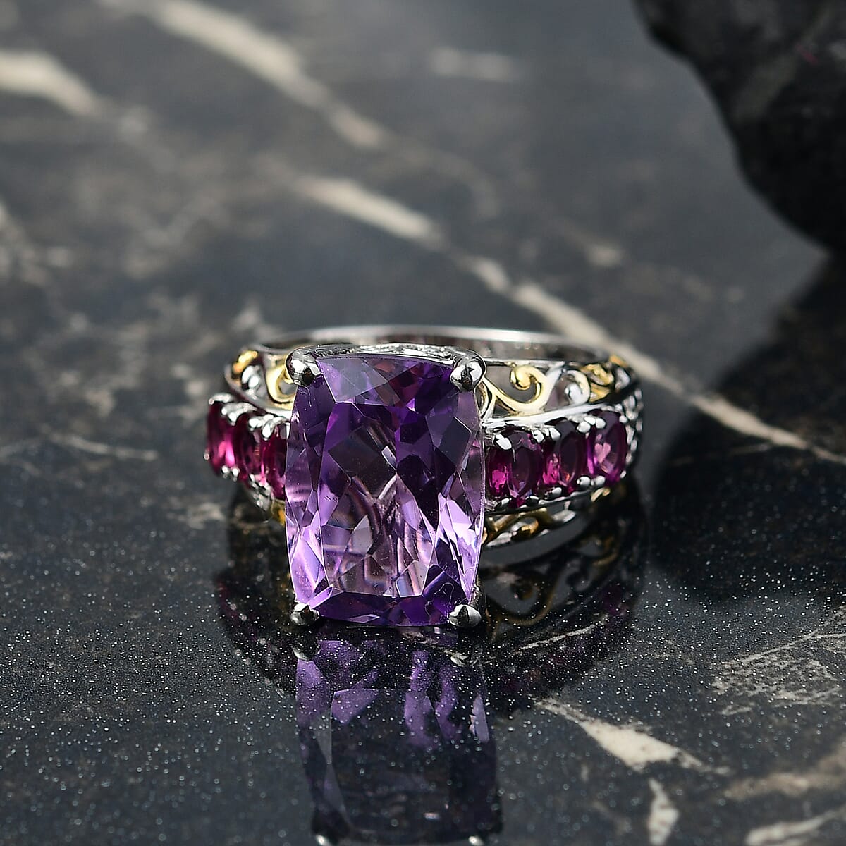EverTrue Rose De France Amethyst abd Orissa Rhodolite Garnet 8.60 ctw Ring 18K YG Plated and Platinum Bond (Size 7.0) image number 1