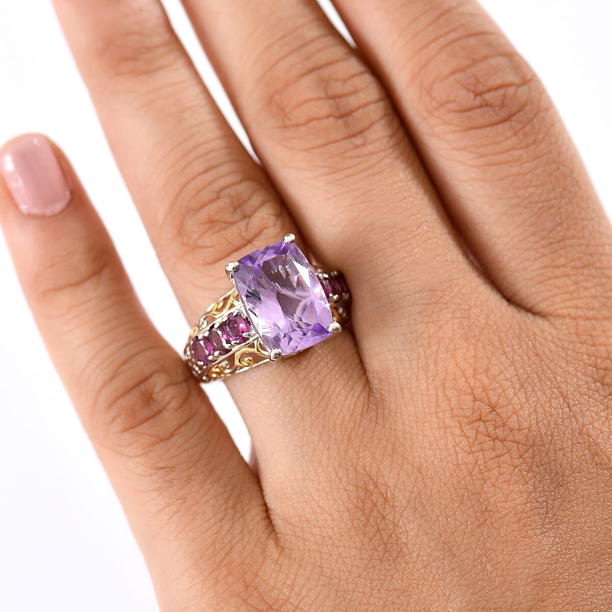 EverTrue Rose De France Amethyst abd Orissa Rhodolite Garnet 8.60 ctw Ring 18K YG Plated and Platinum Bond (Size 7.0) image number 2