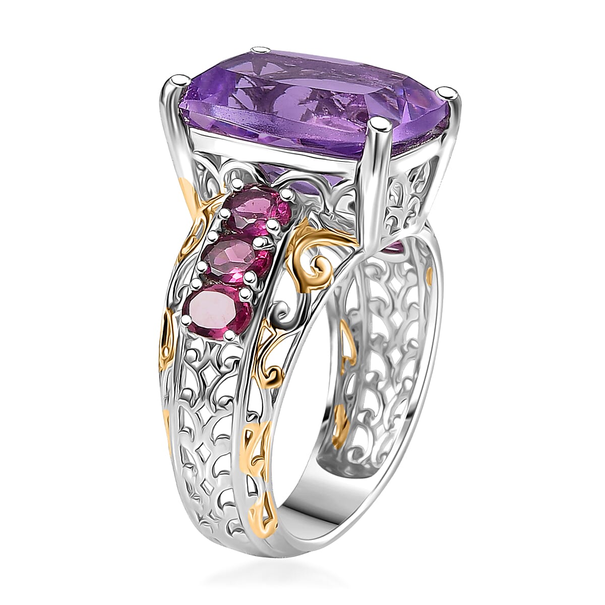 EverTrue Rose De France Amethyst abd Orissa Rhodolite Garnet 8.60 ctw Ring 18K YG Plated and Platinum Bond (Size 8.0) image number 3