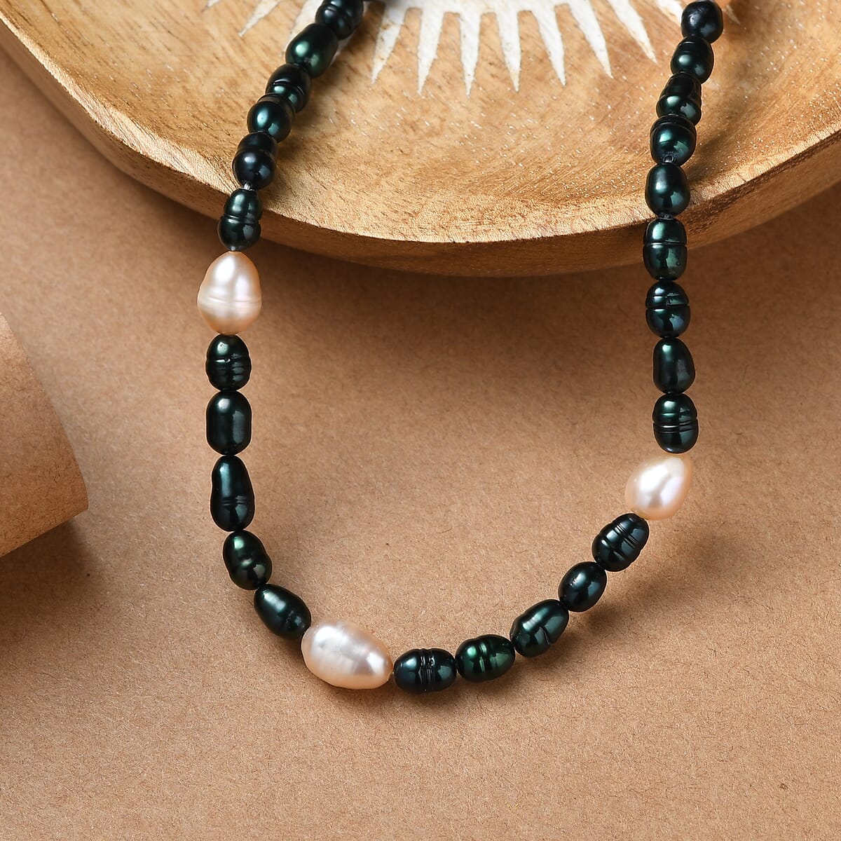 Freshwater Pear and Green Dyed Pearl Necklace in Stainless Steel 18 Inches image number 1