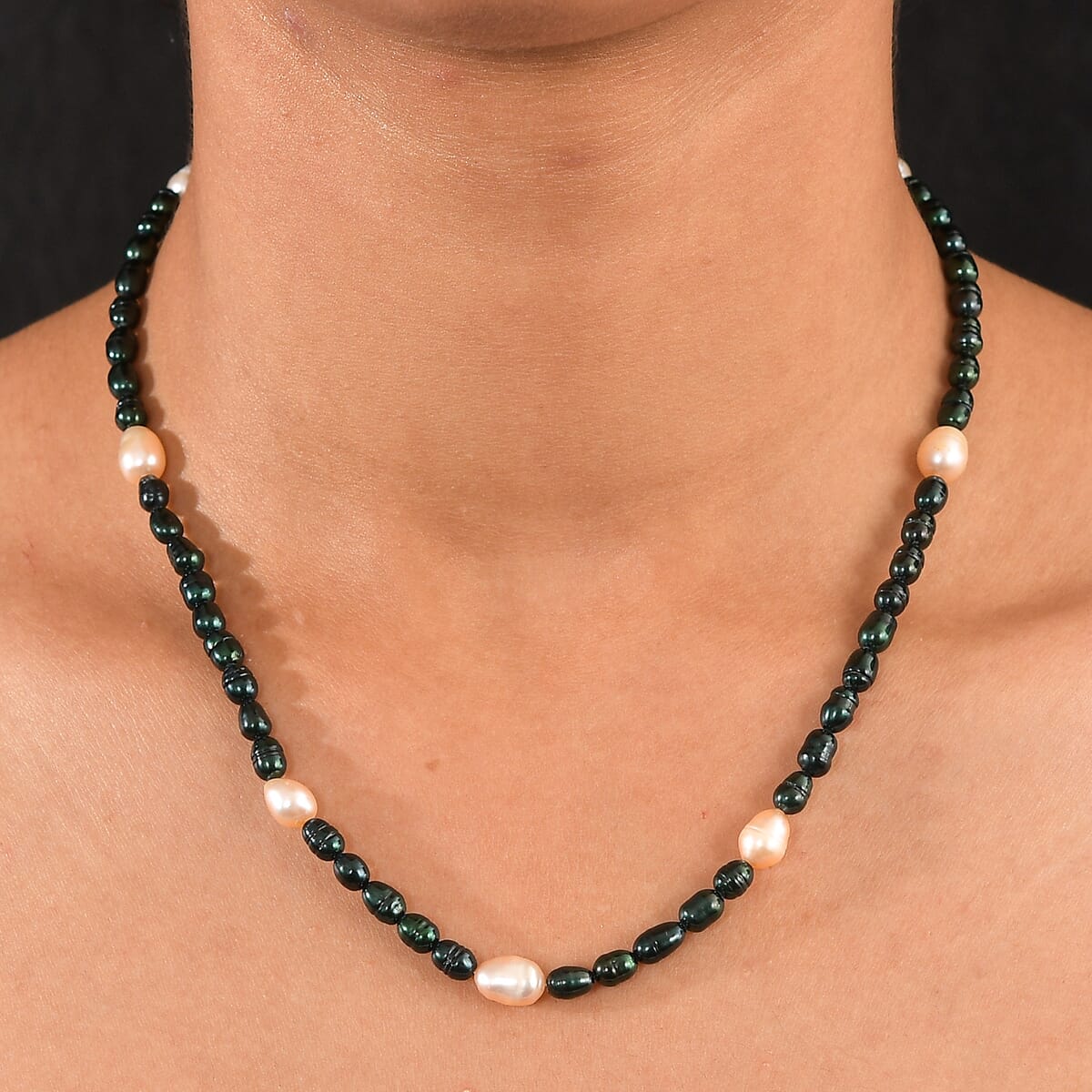 Freshwater Pear and Green Dyed Pearl Necklace in Stainless Steel 18 Inches image number 2