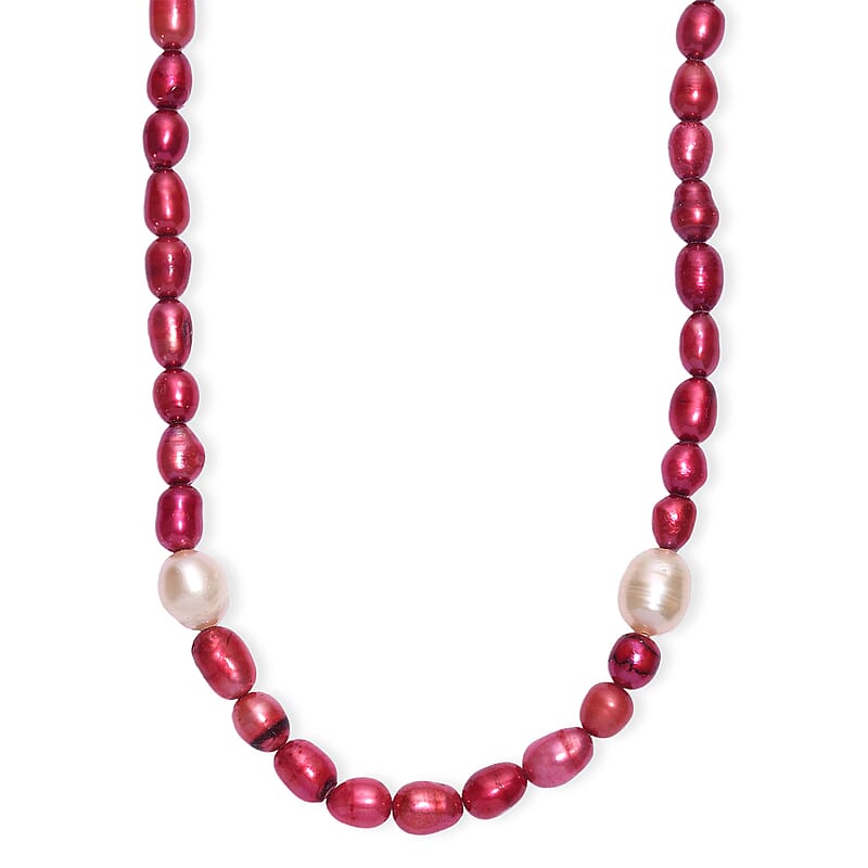 Freshwater Pearl and Red Dyed Freshwater Pearl Necklace in Stainless Steel 18 Inches
