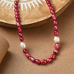 Freshwater Pearl and Red Dyed Freshwater Pearl Necklace in Stainless Steel 18 Inches