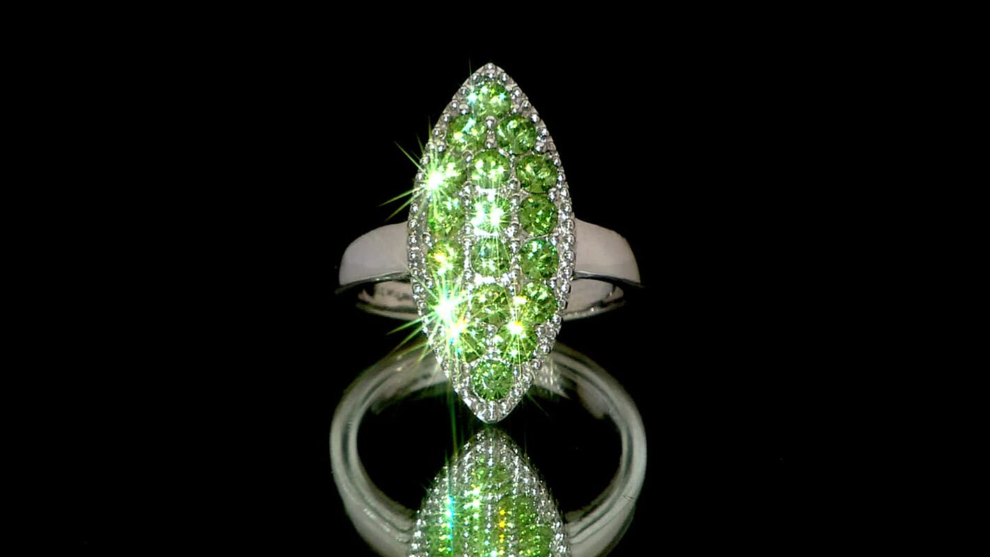 J Francis Embellished with Peridot Crystal by Swarovski Celestial Fern Ring in Stainless Steel (Size 10.0)