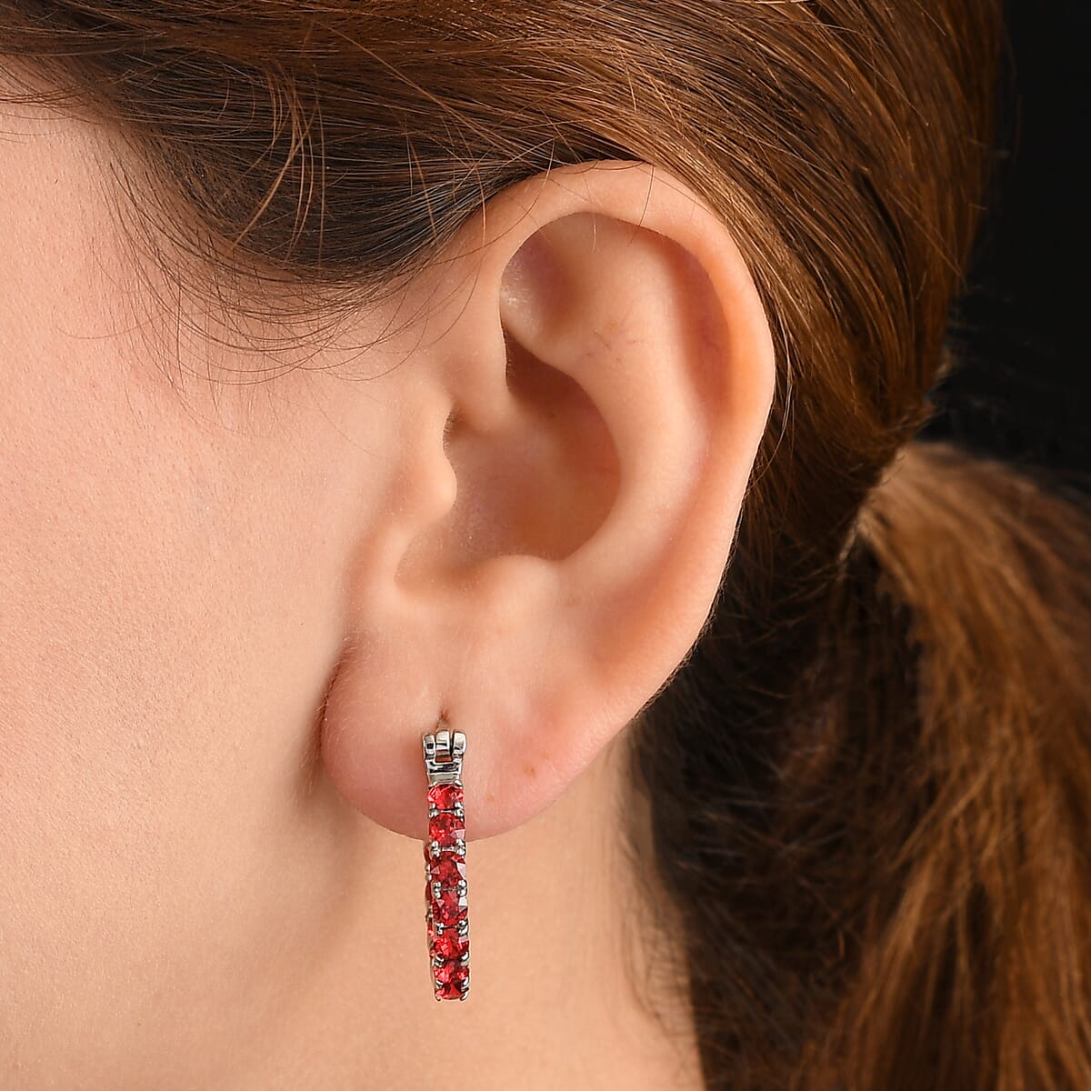 J Francis Embellished with Scarlet Crystal by Swarovski Hoop Earrings in Stainless Steel image number 2