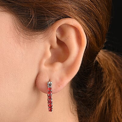 J Francis Embellished with Scarlet Crystal by Swarovski Hoop Earrings in Stainless Steel