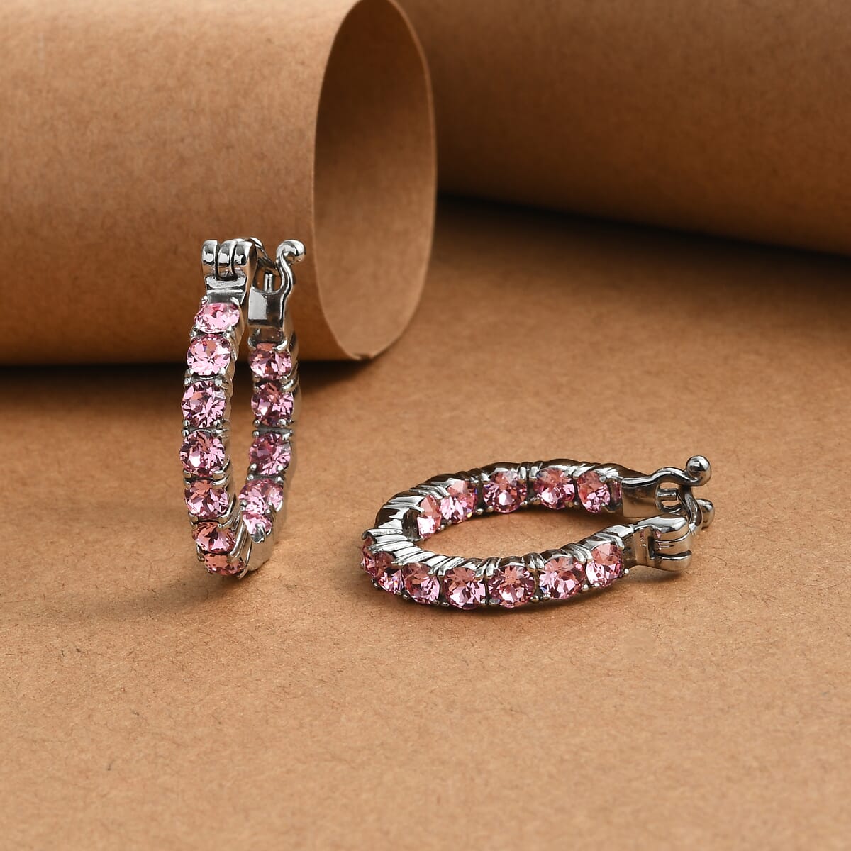 J Francis Embellished with Light Rose Crystal by Swarovski Hoop Earrings in Stainless Steel image number 1