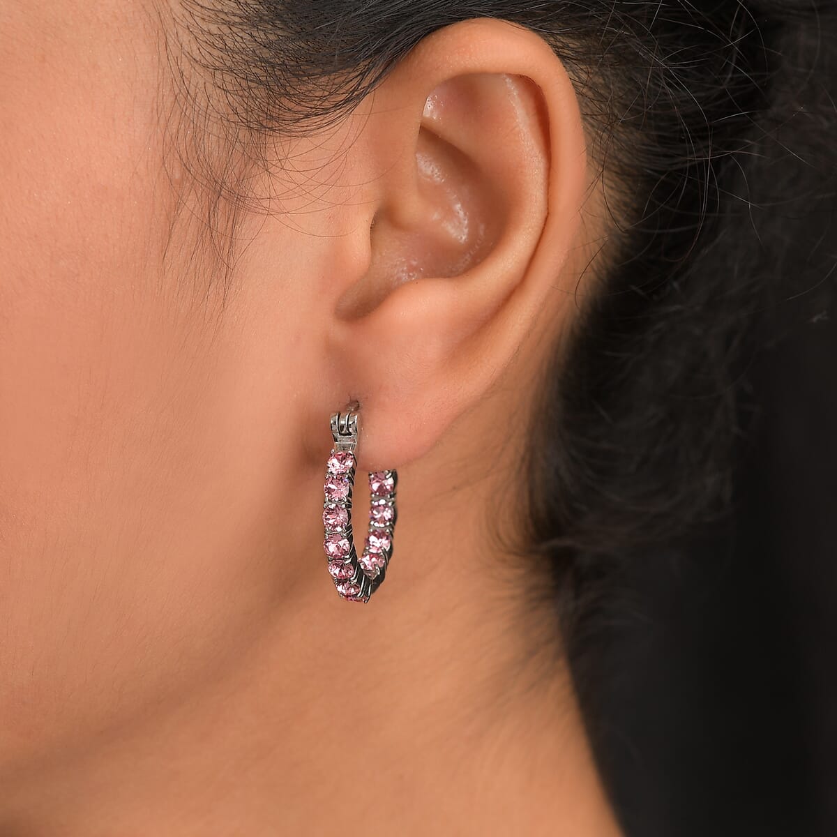 J Francis Embellished with Light Rose Crystal by Swarovski Hoop Earrings in Stainless Steel image number 2