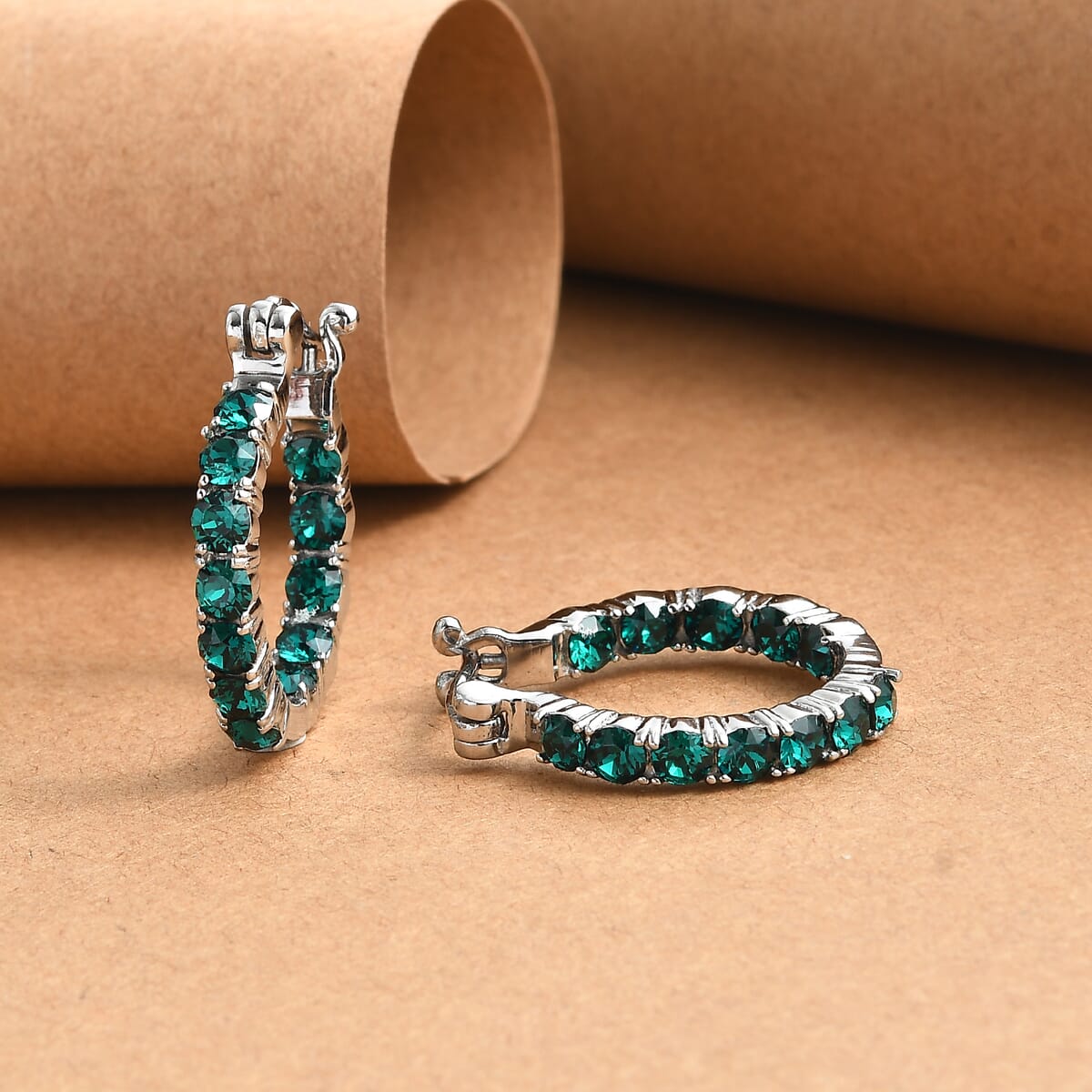 J Francis Embellished with Emerald Crystal by Swarovski Hoop Earrings in Stainless Steel image number 1