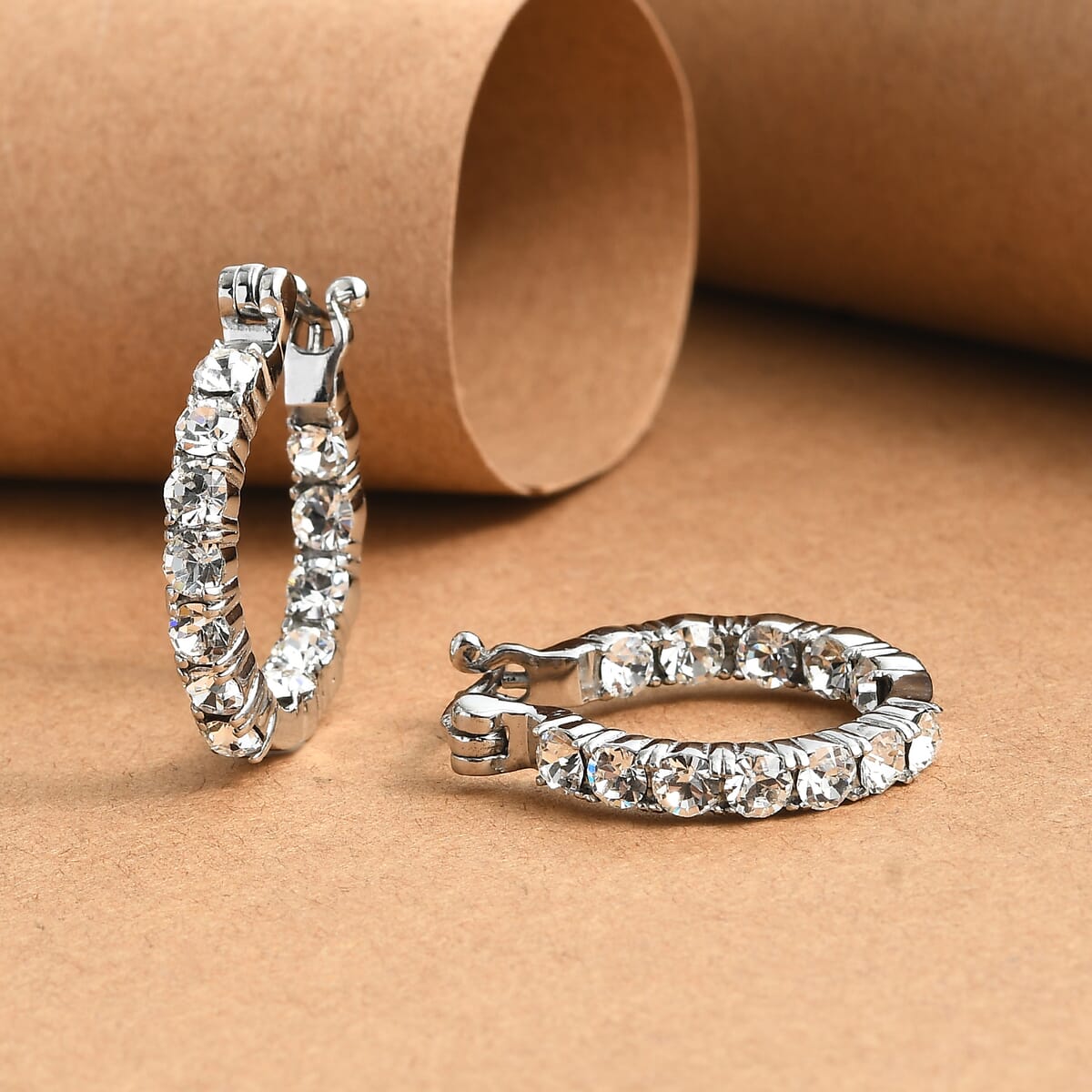 J Francis Embellished with White Preciosa Crystal by Swarovski Hoop Earrings in Stainless Steel image number 1
