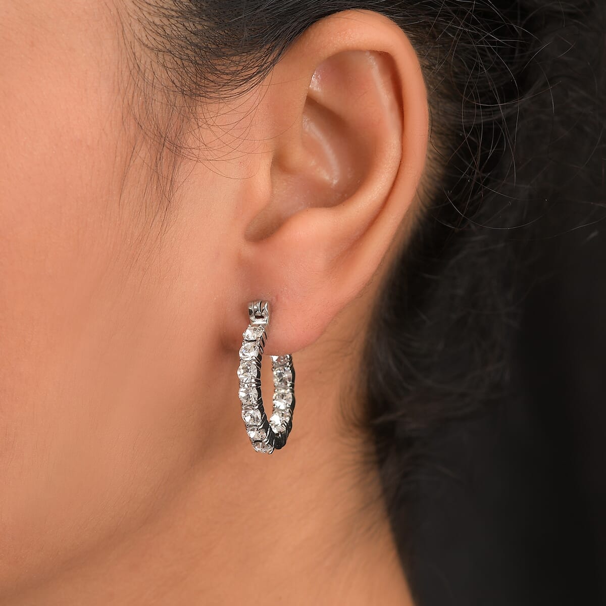 J Francis Embellished with White Preciosa Crystal by Swarovski Hoop Earrings in Stainless Steel image number 2