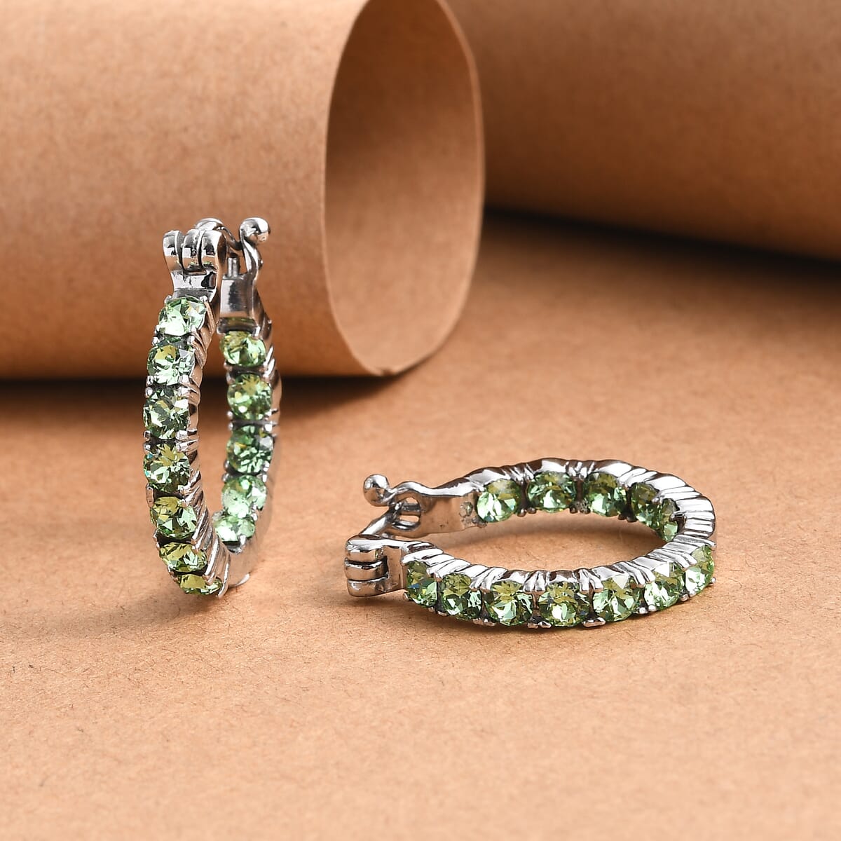 J Francis Embellished with Peridot Crystal by Swarovski Hoop Earrings in Stainless Steel image number 1