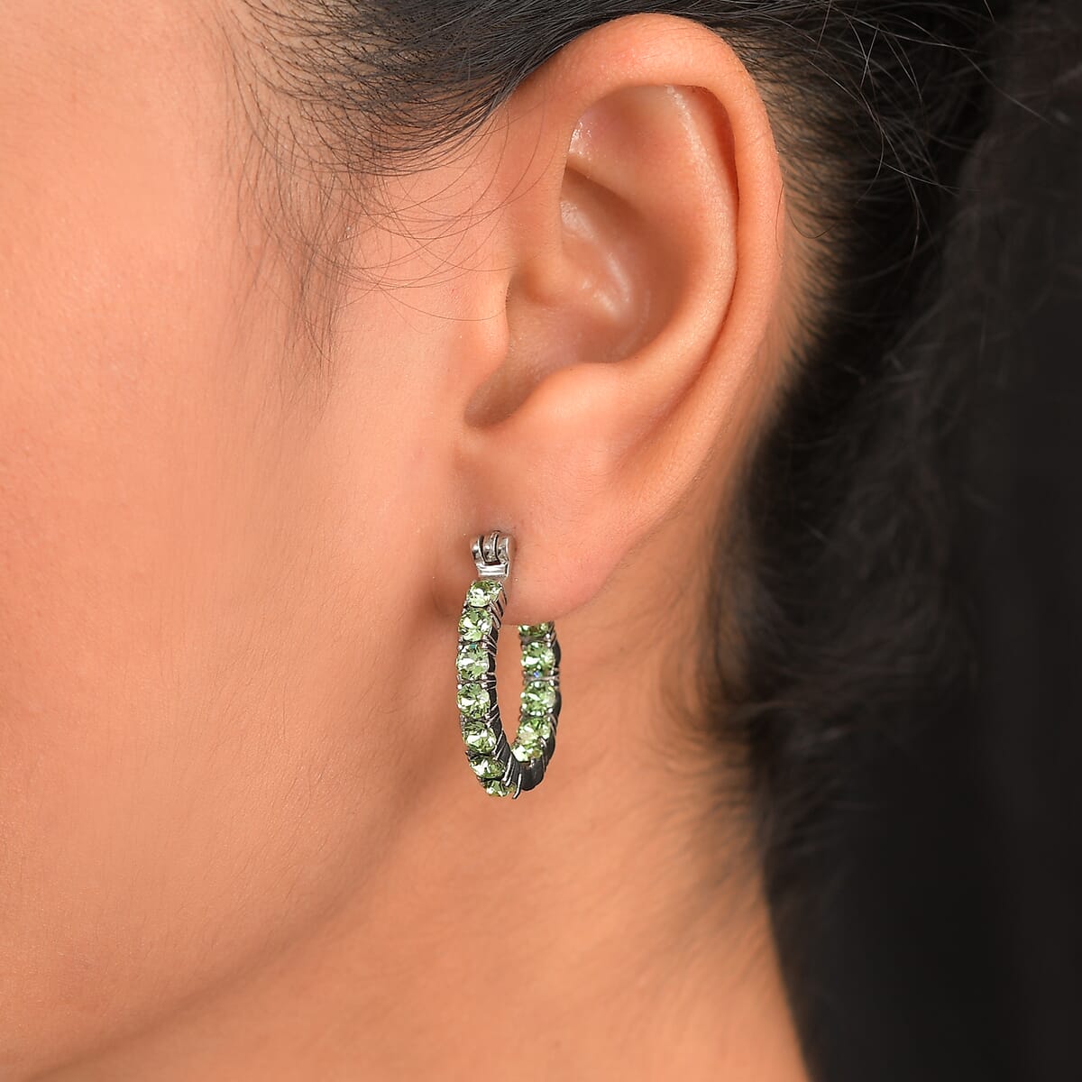 J Francis Embellished with Peridot Crystal by Swarovski Hoop Earrings in Stainless Steel image number 2