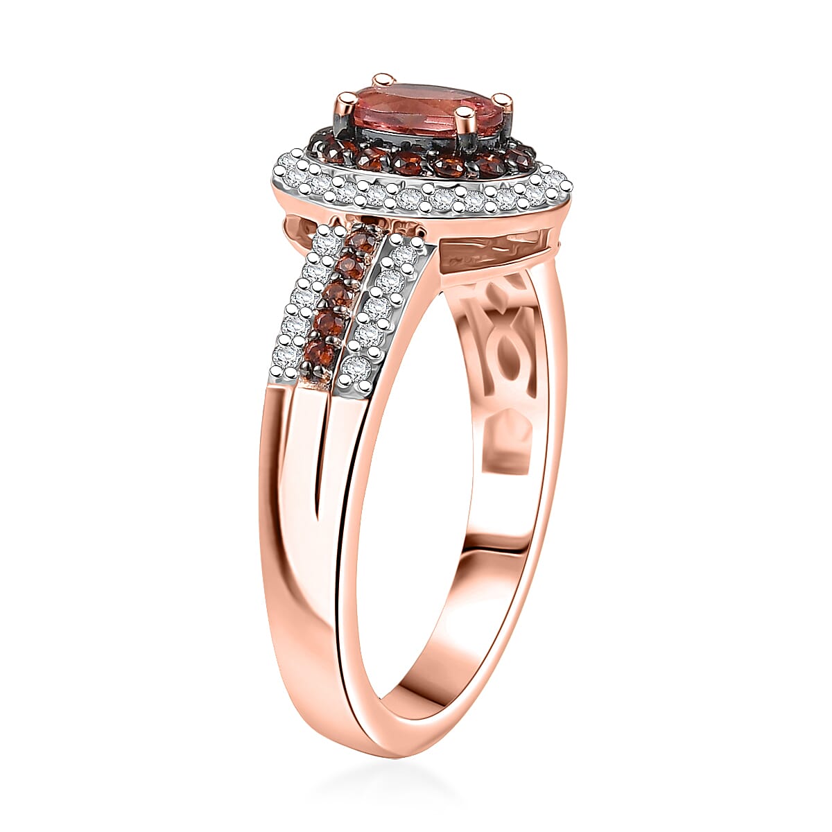 D'Joy Premium Blush Tourmaline, White and Chocolate Zircon 1.20 ctw Gilded Bloom Ring in 18K Vermeil Rose Gold Over Sterling Silver (Size 10.0)