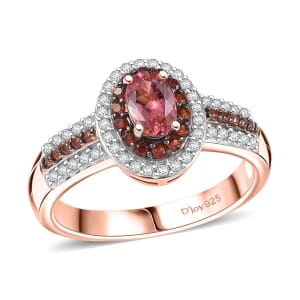 D'Joy Premium Blush Tourmaline, White and Chocolate Zircon Ring in 18K Vermeil RG Over Sterling Silver (Size 10.0) 1.20 ctw