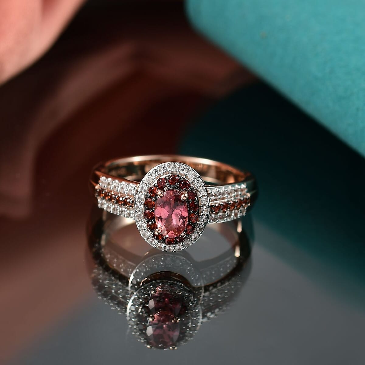 D'Joy Premium Blush Tourmaline, White and Chocolate Zircon 1.20 ctw Ring in 18K Vermeil Rose Gold Over Sterling Silver (Size 7.0) image number 1
