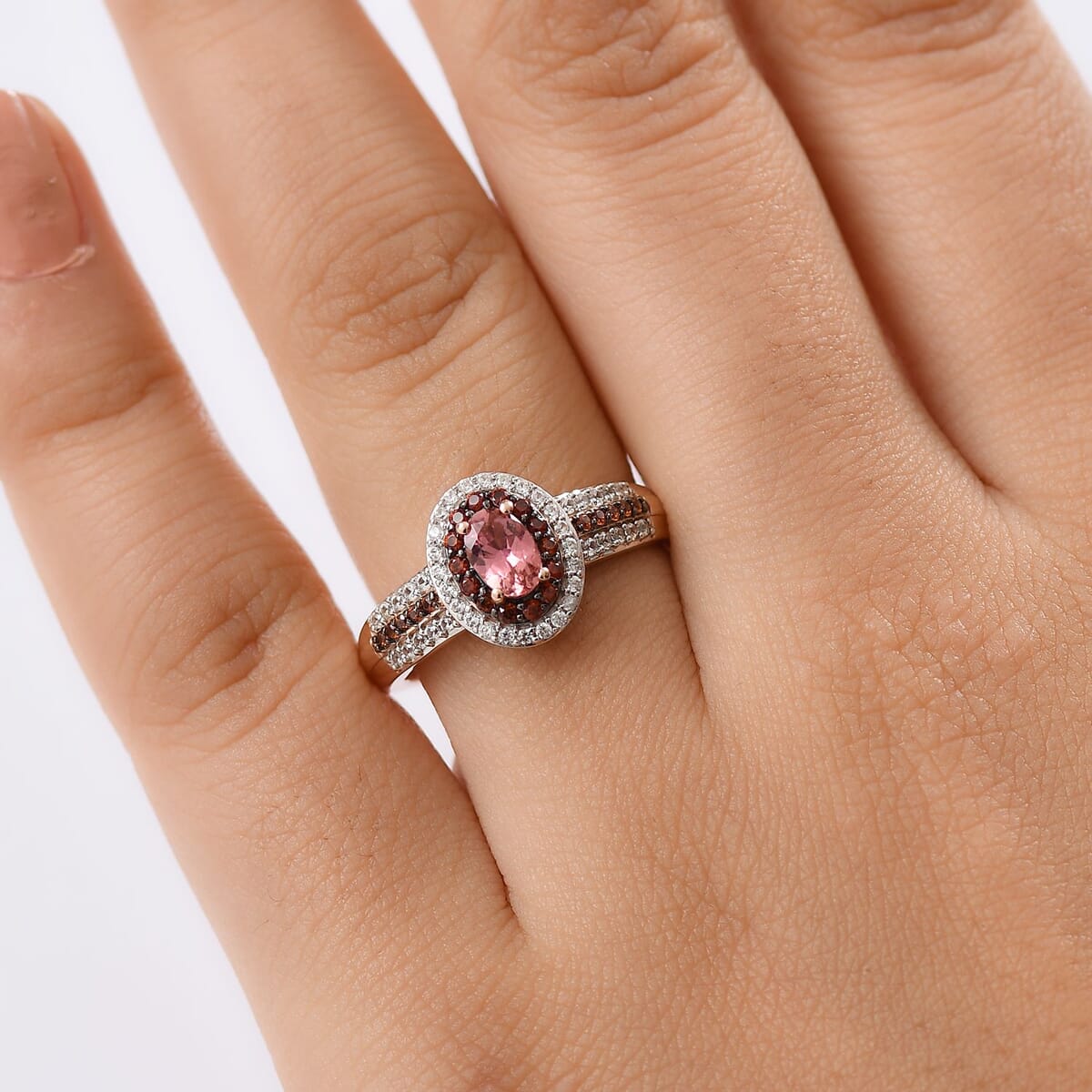 D'Joy Premium Blush Tourmaline, White and Chocolate Zircon 1.20 ctw Ring in 18K Vermeil Rose Gold Over Sterling Silver (Size 7.0) image number 2