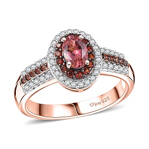 D'Joy Premium Blush Tourmaline, White and Chocolate Zircon 1.20 ctw Gilded Bloom Ring in 18K Vermeil Rose Gold Over Sterling Silver (Size 9.0)