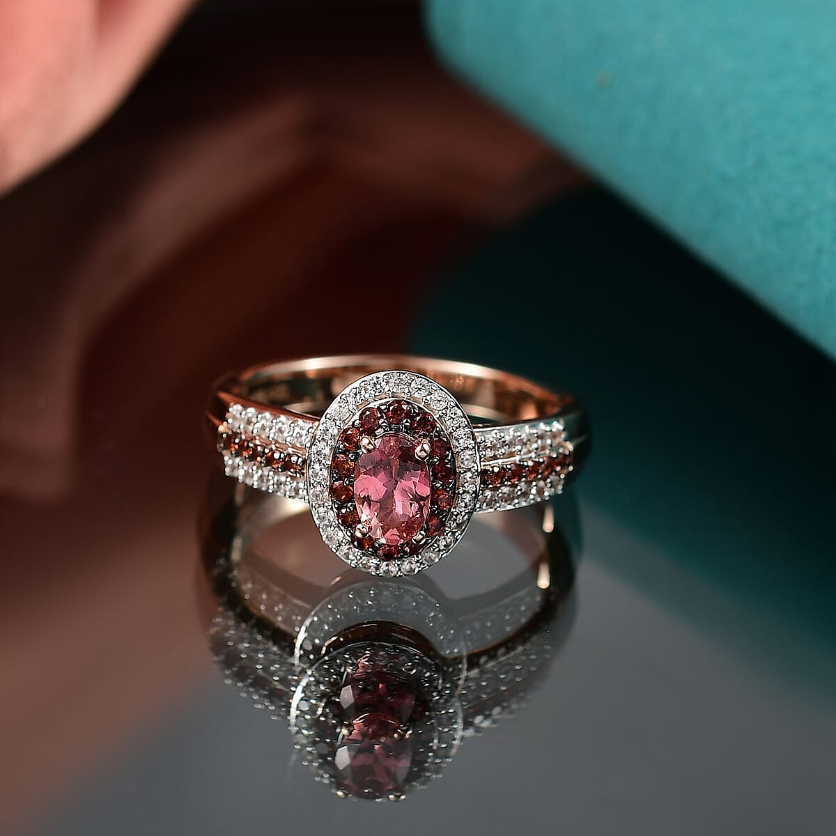 D'Joy Premium Blush Tourmaline, White and Chocolate Zircon 1.20 ctw Gilded Bloom Ring in 18K Vermeil Rose Gold Over Sterling Silver (Size 9.0) image number 1