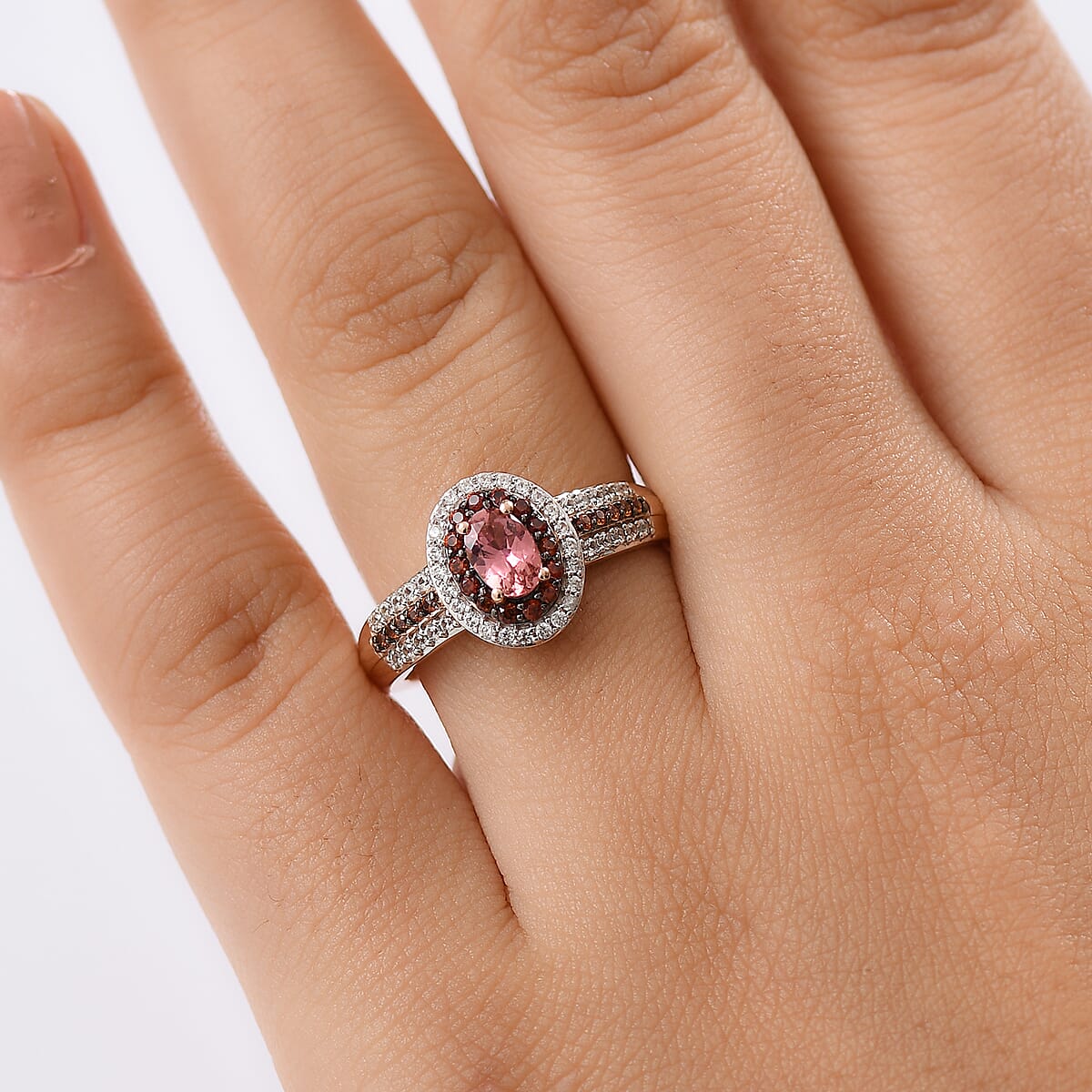 D'Joy Premium Blush Tourmaline, White and Chocolate Zircon 1.20 ctw Gilded Bloom Ring in 18K Vermeil Rose Gold Over Sterling Silver (Size 9.0) image number 2