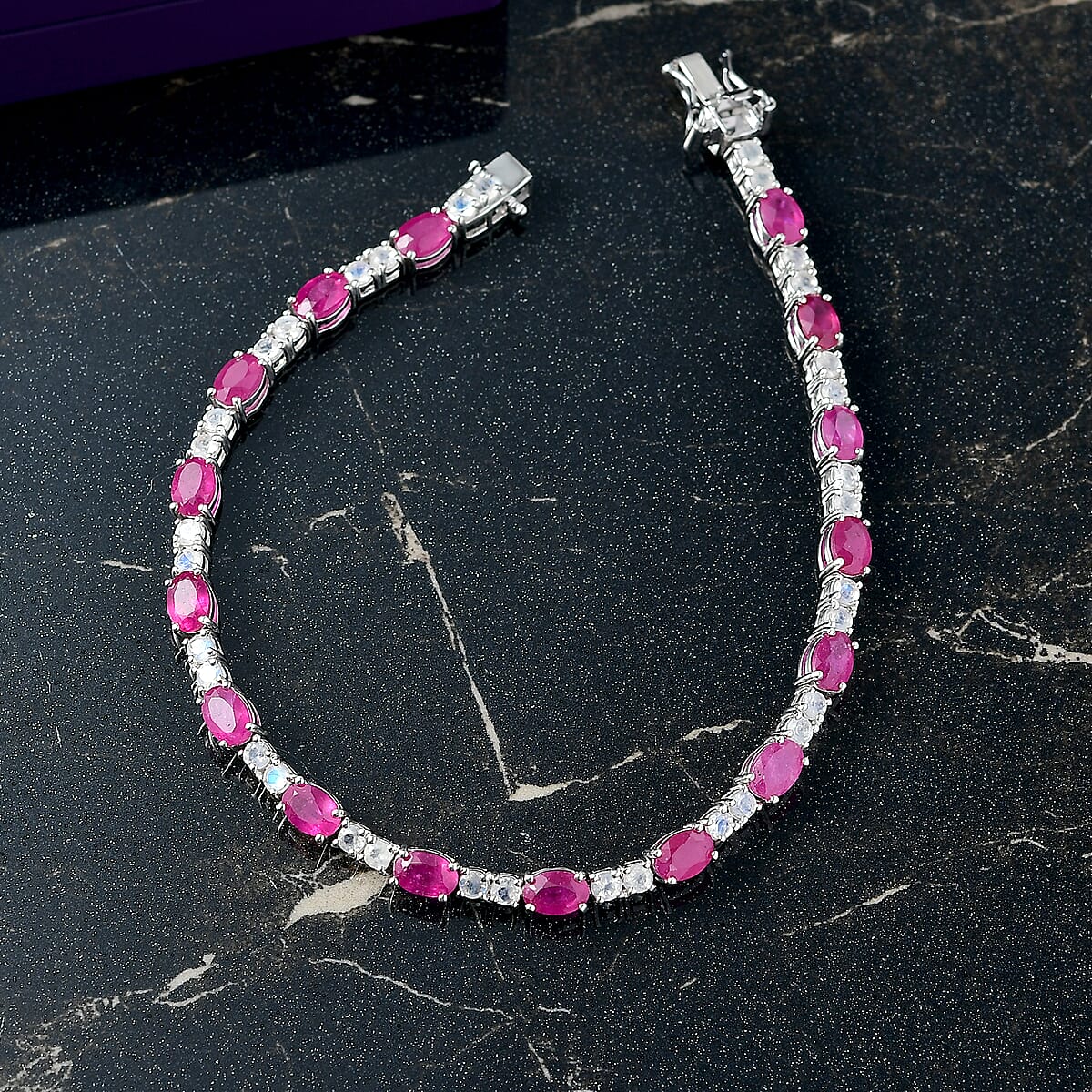 D'Joy African Ruby (FF) and Moon Glow Moonstone 12.50 ctw Bracelet in Rhodium Over Sterling Silver (7.50 In) image number 1
