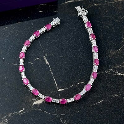 D'Joy Niassa Ruby (FF) and Moon Glow Stone 12.50 ctw Bracelet in Rhodium Over Sterling Silver (7.5 In)
