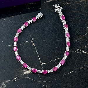D'Joy African Ruby (FF) and Moon Glow Moonstone 13.30 ctw Bracelet in Rhodium Over Sterling Silver (8.00 In)