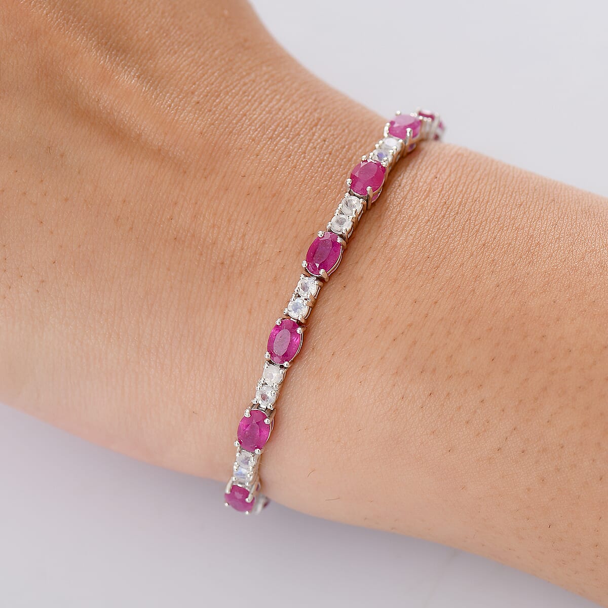 D'Joy African Ruby (FF) and Moon Glow Moonstone 13.30 ctw Bracelet in Rhodium Over Sterling Silver (8.00 In) image number 2