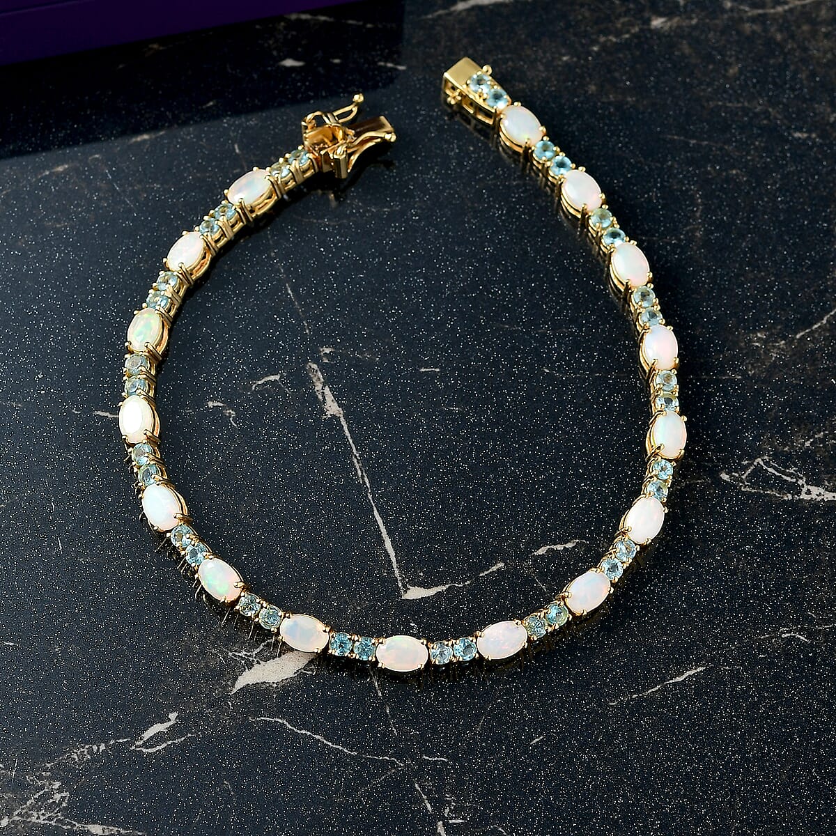 D'Joy Premium Ethiopian Welo Opal and Betroka Blue Apatite 7.80 ctw Bracelet in 18K Vermeil Yellow Gold Over Sterling Silver (7.50 In) image number 1